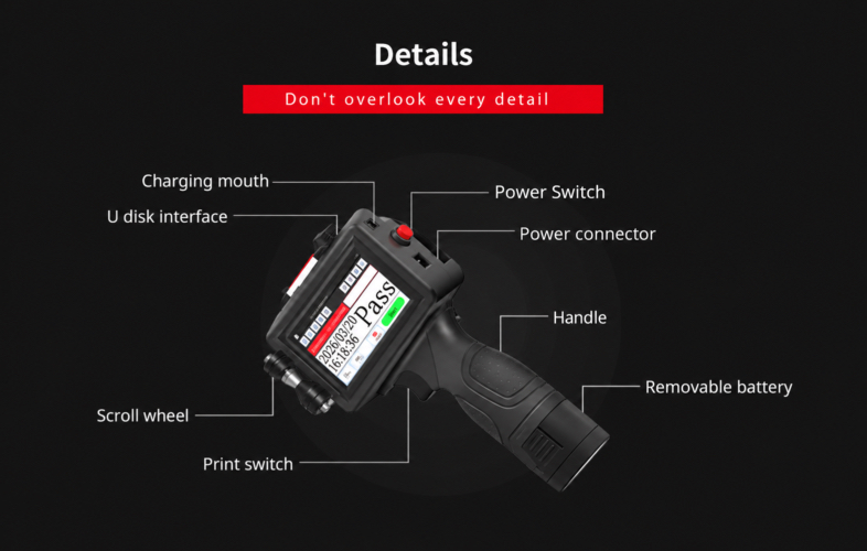 Meenjet M6 handheld inkjet printer features including touchscreen, battery, controls and USB interface