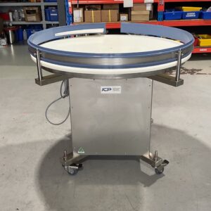 Rotary accumulation table with optional caster wheels and adjustable legs for flexible factory use.