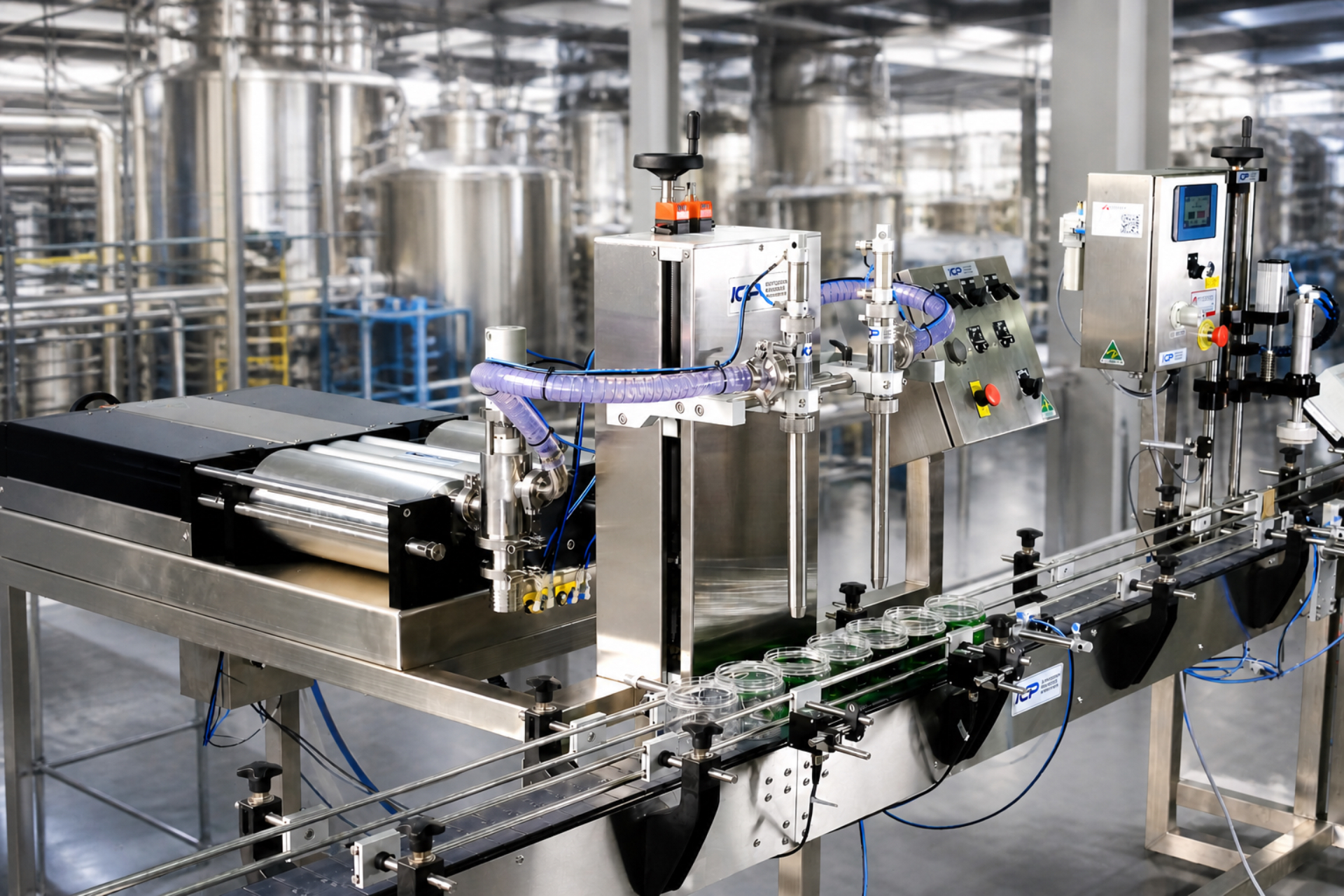 Liquid filling line with a 2 head 5L auto filler and an ICP PLC Auto capping machine on a conveyor.