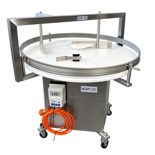 round table for feeding container onto a conveyor