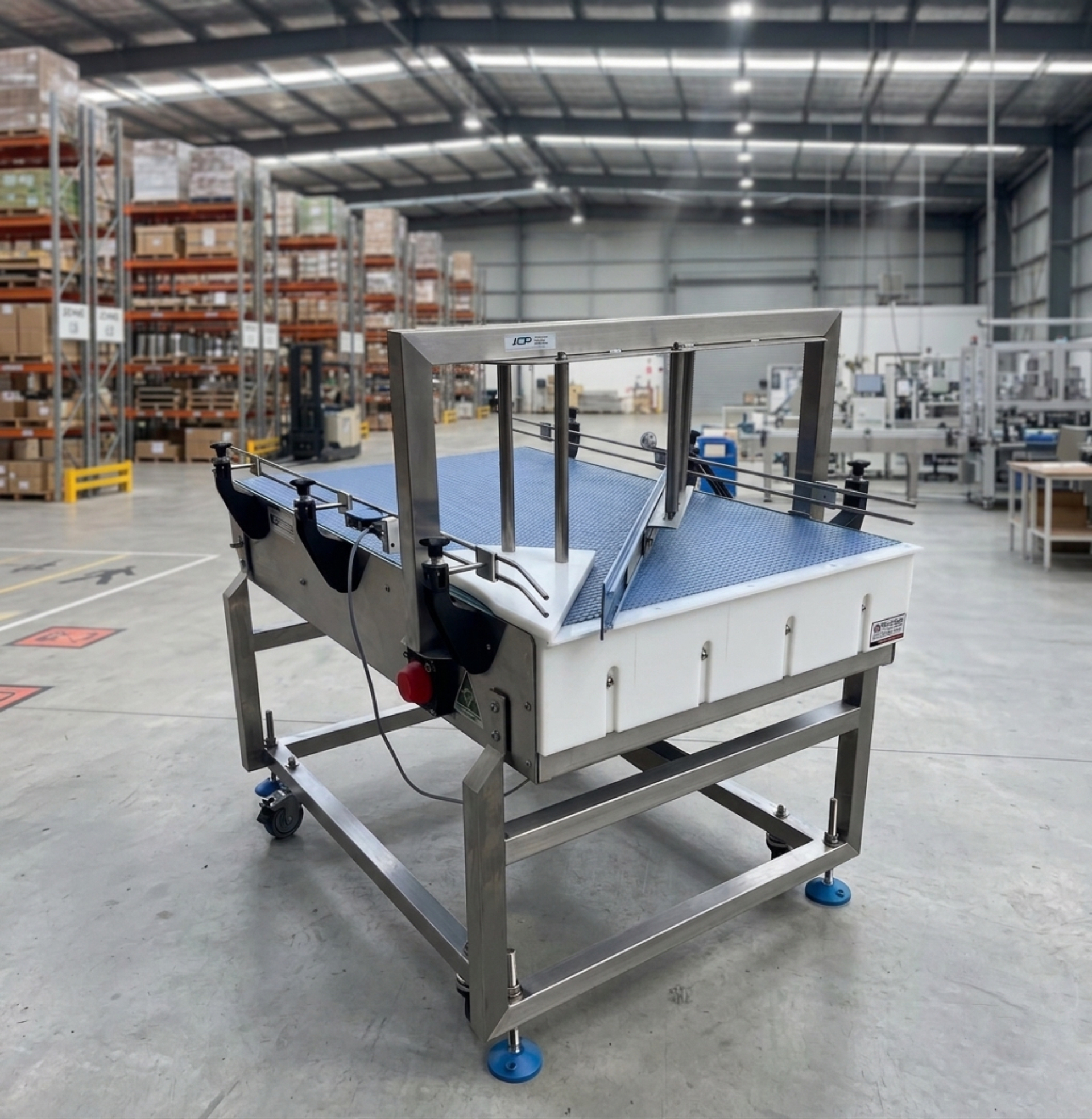 Container in-feed table designed to push empty containers onto a conveyor at the start of a production line