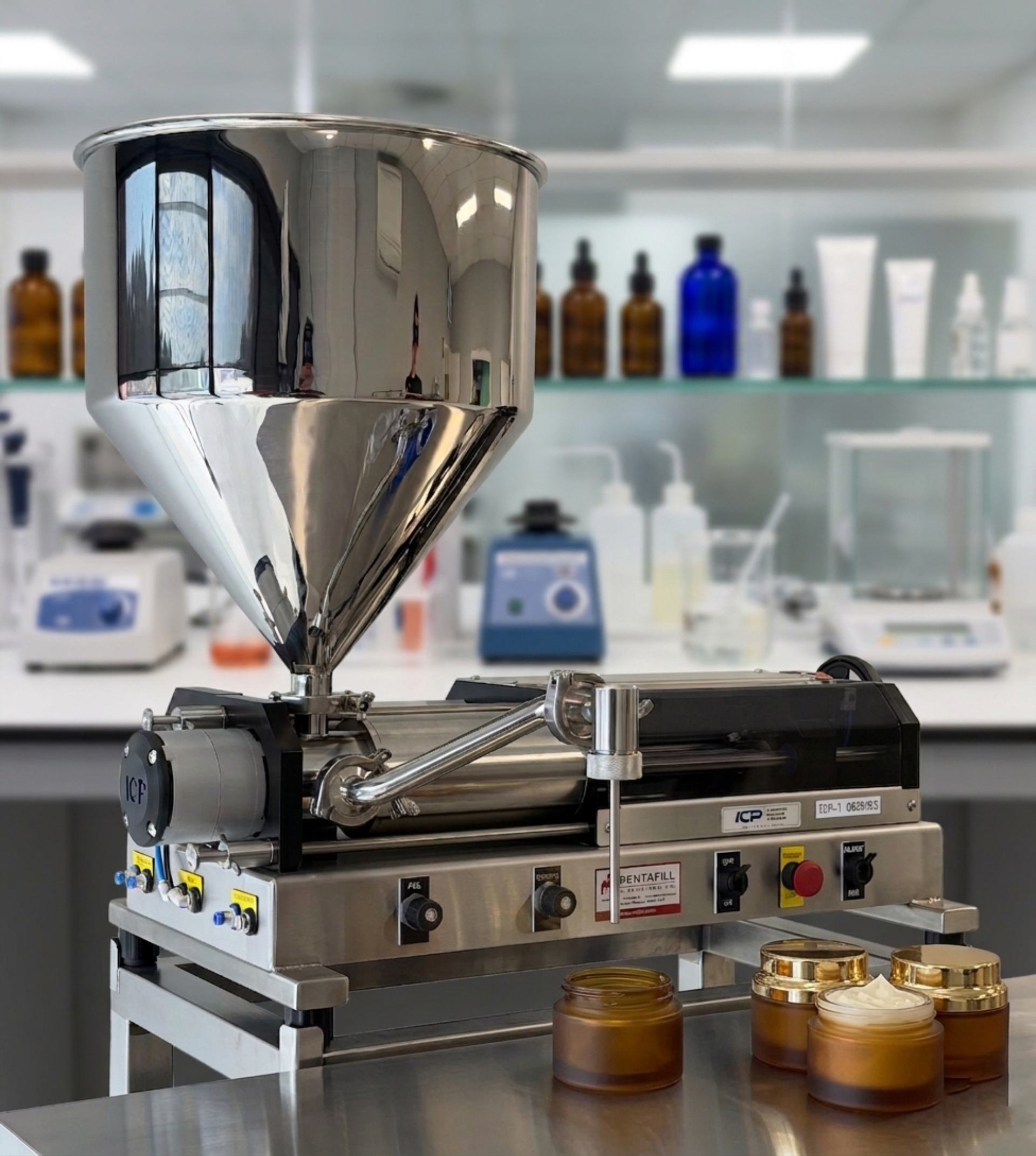 cream filling of cosmetics into brown jars